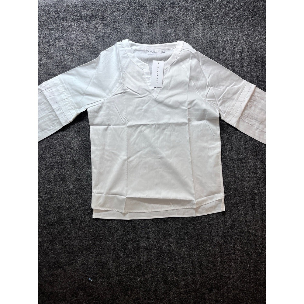Harshman Callet Blouse White M | Cotton Long Sleeve Popover Top Minimalist Chic